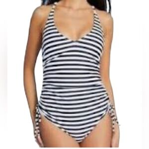 NWOT Palisades Beach Club blue white striped nautical one piece bathing suit L